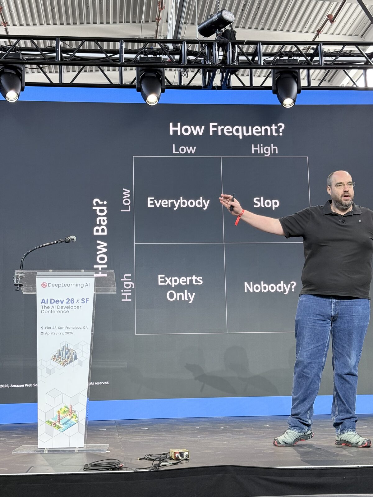 Marc Brooker presenting the agent defect matrix — How Frequent? × How Bad? — with quadrants labeled Everybody, Slop, Experts Only, Nobody?