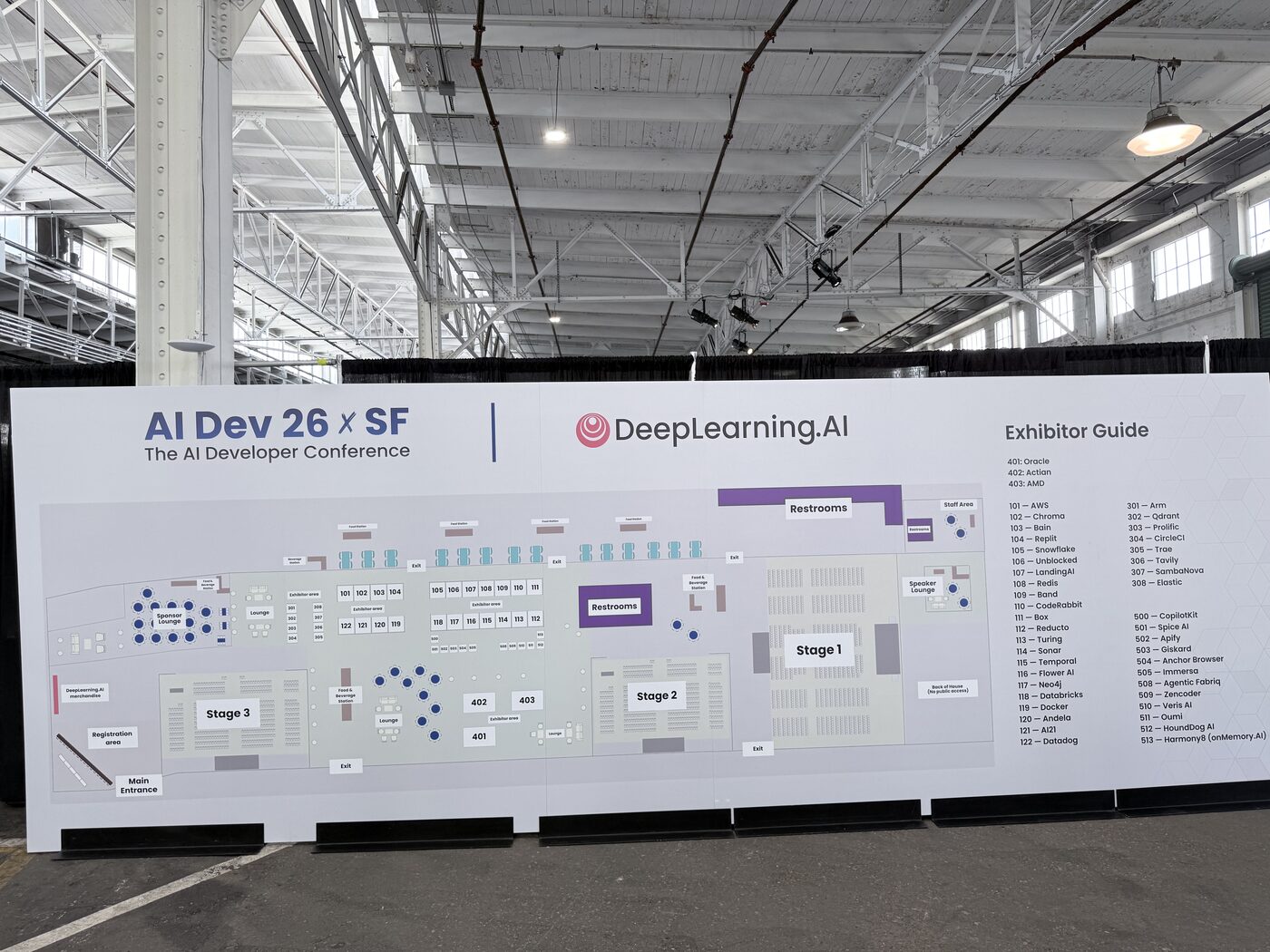AI Dev 26 SF venue floor plan showing Stage 1, Stage 2, Stage 3, exhibitor areas 101–122 and 301–308 and 401–403, sponsor lounge, food stations, registration, and the full exhibitor guide